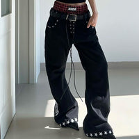Retro Drawstring Babe Color-blocking Double Waistband Patchwork Print Curved Pants