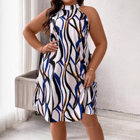 V-neck Sleeveless Fashionable Printed Vertical-Striped Beach Dress For Women