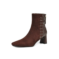 Womens Korean-style Square-toe Leather Chunky-heel Patchwork Ankle Boots