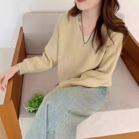 Womens Solid Color Long-Sleeve V-Neck Sweater