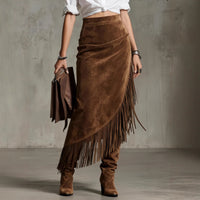 Womens Retro Western Fringe Hem Irregular Suede Skirt