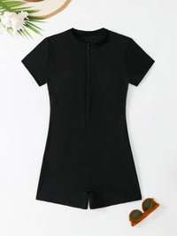 Solid Color Zipper One-pieces Short Sleeve Beach Sports Swimwear