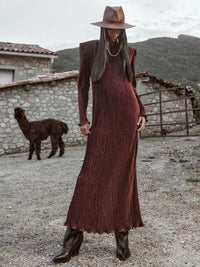 Solid-color Crew-neck Split-fit Long Dress