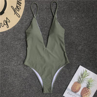 Solid color sexy one-piece swimsuit deep V-neck back pleated bikini