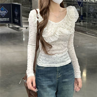 Slim-fit Polka-dot Lace All-match Long-sleeve Shirt