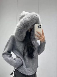 Vintage Knitted Cardigan Long Sleeve Fur Collar Coat