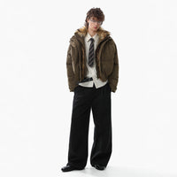 Men's Zhu Shan Diao PU Leather Jacket Puffer Jacket Fur-collar Coat Faux Two-piece Cotton