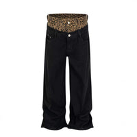 American-style Vintage Leopard-print Patchwork Faux Two-piece Jeans