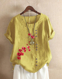 Retro Cotton And Linen Printed Loose Casual Shirt Short-sleeved T-shirt For Women