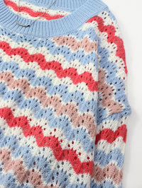 Striped Hollow-out Knitted Round Neck Loose Contrast Color Fashion Pullover Top Women's Clothing
