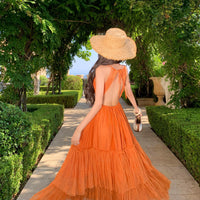 Orange Lace Panel Sexy Backless Dress