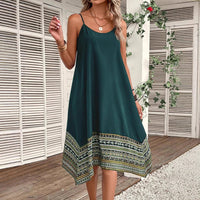 Womens Spaghetti-Strap Patchwork Printed Asymmetrical Dress