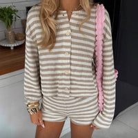 Womens Fashionable, Slim-Fit Striped Cropped Cardigan And Shorts Set