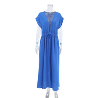 Deep V-neck Short-Sleeve Long Nightdress Loose-Fitting One-Piece Breathable Womens Loungewear