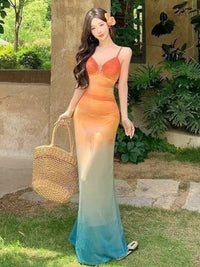 Ombre Sunset Tie-Dye Mesh Slip Maxi Dress