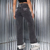 Embroidered Jeans High Waist Straight Loose Casual Trousers Women