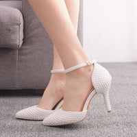 9cm White Pearl Pointed High Heel Sandals With Stiletto Heel