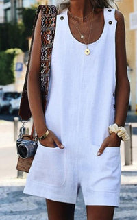 Summer New Style Women Pocket Button Cotton And Linen Strap Button Jumpsuit