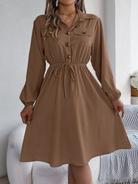 Womens Casual Buttoned Lace-Up Waist-Cinching Long-Sleeve Dress