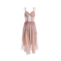 French Deep V Plus Chest Pad Lace Backless Strap Nightdress
