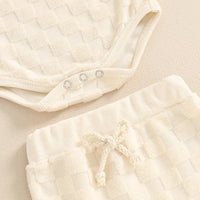Girls' Solid Color Chessboard Plaid Style Lace Sling Romper Casual Shorts Suit
