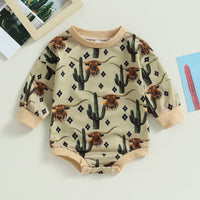 Cactus Print Round Neck Long Sleeve Jumpsuit