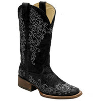 Autumn Winter Embroidered And Printed Chunky-Heel Square-Toe Mid-Calf Knight Boots