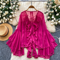 Ruffled Trim Single-Breasted Flared Sleeve Womens Chiffon Blouse
