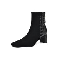 Womens Korean-style Square-toe Leather Chunky-heel Patchwork Ankle Boots