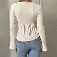 V-neck Long-sleeved Elegant Casual T-shirt Solid Color Pullover Ruffled Top
