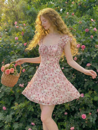 Women's Summer New French Style Romantic Elegant Floral Print Waist-Cinched A-Line Mini Dress