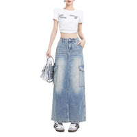 Women's A- Line Denim Skirt Fashion Wash Long Skirt