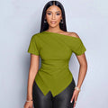 Elegant Womens Solid-Color Minimalist Asymmetrical Hemline Short-Sleeve Slimming Top With A Slant Neck For Summer
