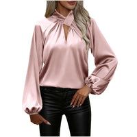 Womens Satin V-Neck Long-Sleeve Loose Top
