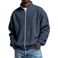 Mens Minimalist Solid-Color Waffle-Weave Stand-Up Collar Zip-Up Jacket