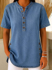 V-neck Casual Womens Faux Denim Short-sleeve Top