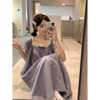 Haze-Blue Summer Short-Sleeve Long Dress Pajamas Loungewear