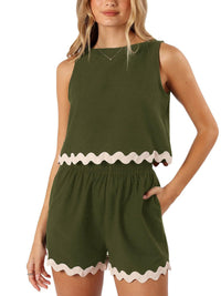 Summer Two-Piece Set Linen Lace-trimmed Crew-neck Tank Top And Short Pants