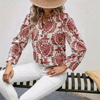 Full Print Lantern Sleeve Ruffled Trim Shirt