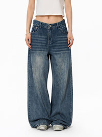 Star-print Wide-leg Denim Jeans For Women Washed Loose-fit Casual