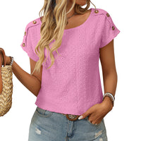 Womens Crew-neck Hollow-out Short-sleeve T-shirt