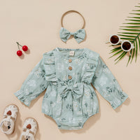 Girl's Long Sleeve Sweet Cute Three-color Cotton Jacquard Flounced Sleeve Triangle Rompers