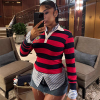 Retro Contrasting Color Embroidered Design Lapel Hoodie Top