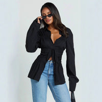 Womens Stylish Elegant Lapel Blouse With Pleated Details And Long Sleeves
