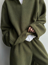 Lazy And Relaxing Army Green Collar Particle Velvet Men's Set