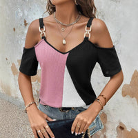 V-neck Color-block Knitted Backless Loose Short-sleeve Camisole T-shirt Top