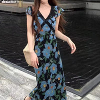 Resort Style V Neck Ruffled Sleeve Patchwork Maxi Dress
