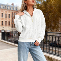 Women's Contrasting Color Trimmed Long Sleeved Half Zipper Textured Sportswear Casual Hooded Sweatshirt