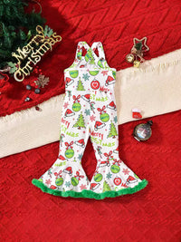 Girls' Christmas Party Dress-up Printed Burr Flared Suspender Pants