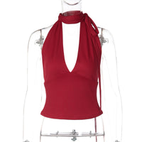 Womens Fashionable Deep V-Neck Backless Slim-Fit Solid-Color Lace-Up Tank Top